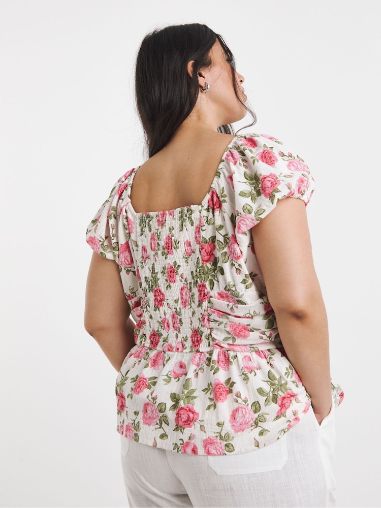 Simply Be Pink Rose Print Prairie Blouse - Image 2 of 4