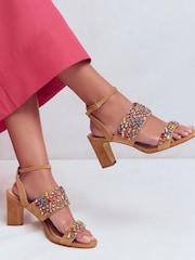 Boden Brown Embellished Block Heel Sandals - Image 1 of 5