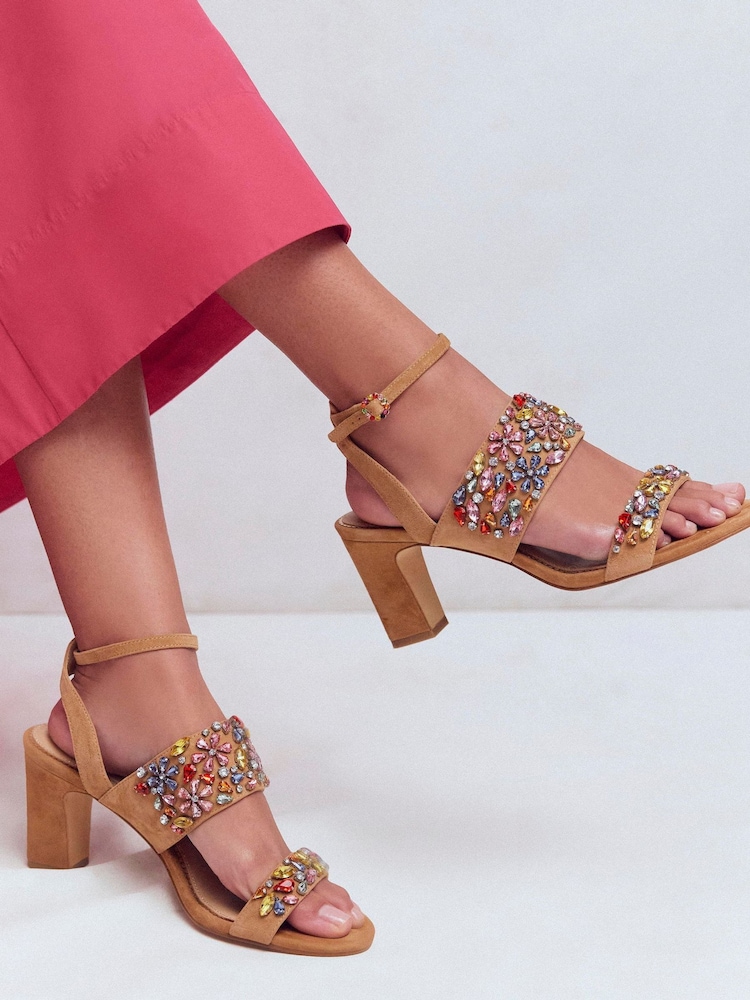 Boden Brown Embellished Block Heel Sandals - Image 1 of 5