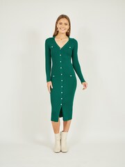 Mela Green Knitted Fitted Midi Dress With Buttons - Image 1 of 4