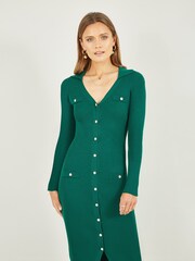 Mela Green Knitted Fitted Midi Dress With Buttons - Image 3 of 4