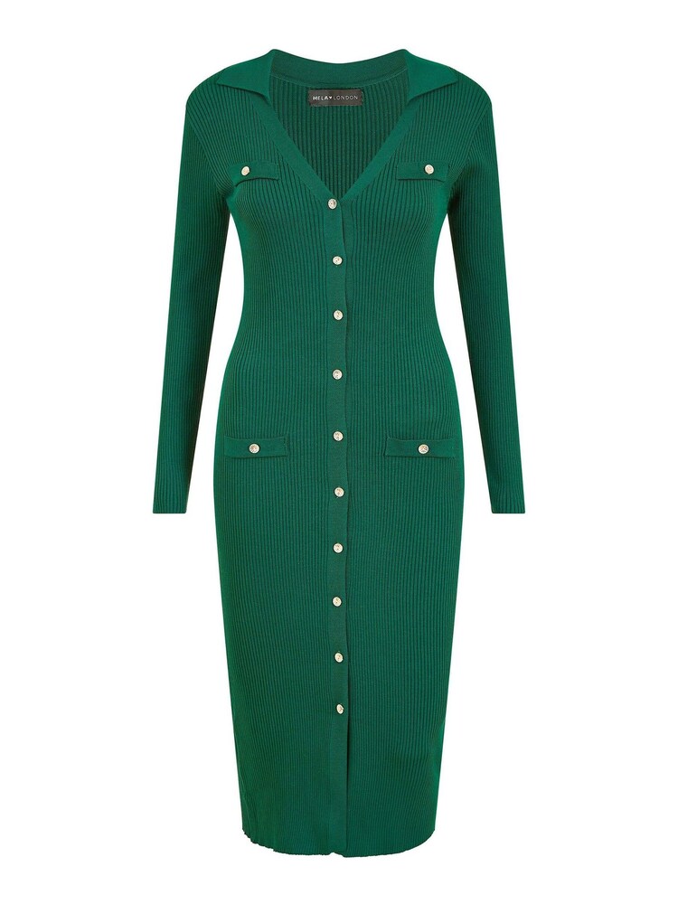 Mela Green Knitted Fitted Midi Dress With Buttons - Image 4 of 4