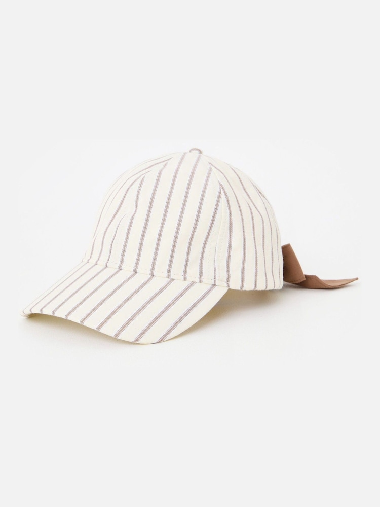 Oliver Bonas Butter Yellow & Brown Striped Bow Cap Hat - Изображение 2 6
