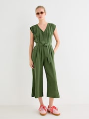 Oliver Bonas Green Dark V-Neck Gathered Shoulder Cropped Jumpsuit - Image 1 of 8