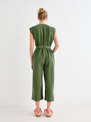 Oliver Bonas Green Dark V-Neck Gathered Shoulder Cropped Jumpsuit - Image 2 of 8
