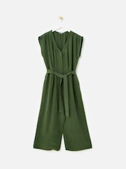 Oliver Bonas Green Dark V-Neck Gathered Shoulder Cropped Jumpsuit - Image 3 of 8
