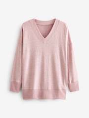 Blush Pink Cosy Lightweight Soft Touch Longline V-Neck Jumper Top - Image 5 of 6