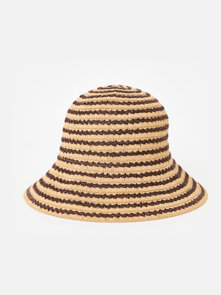 Oliver Bonas Natural & Chocolate Brown Striped Straw Bucket Hat - Image 1 of 4 Oliver Bonas Natural & Chocolate Brown Striped Straw Bucket Hat - Image 1 of 4