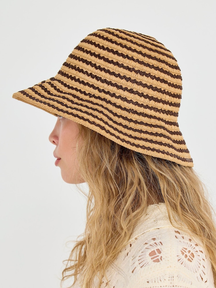 Oliver Bonas Natural & Chocolate Brown Striped Straw Bucket Hat - Image 4 of 4 Oliver Bonas Natural & Chocolate Brown Striped Straw Bucket Hat - Image 4 of 4