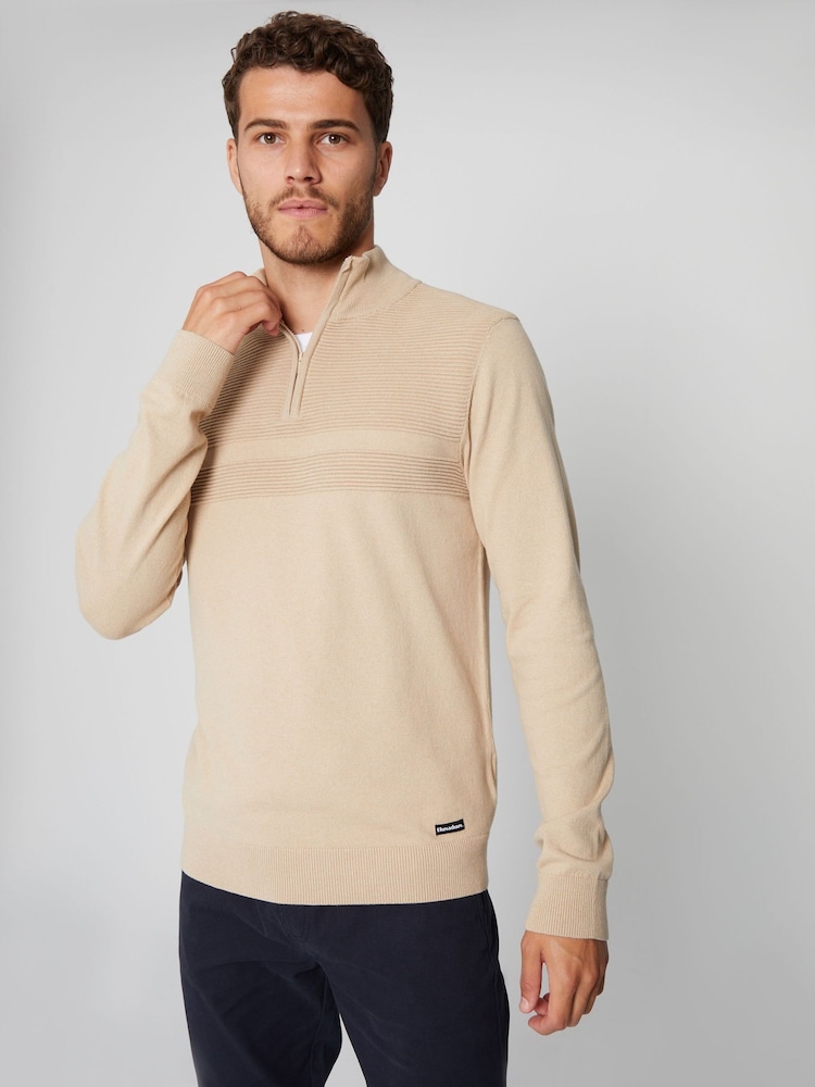 Threadbare Neutral Rib Detail Knitted Quarter Zip Jumper - Image 1 of 4