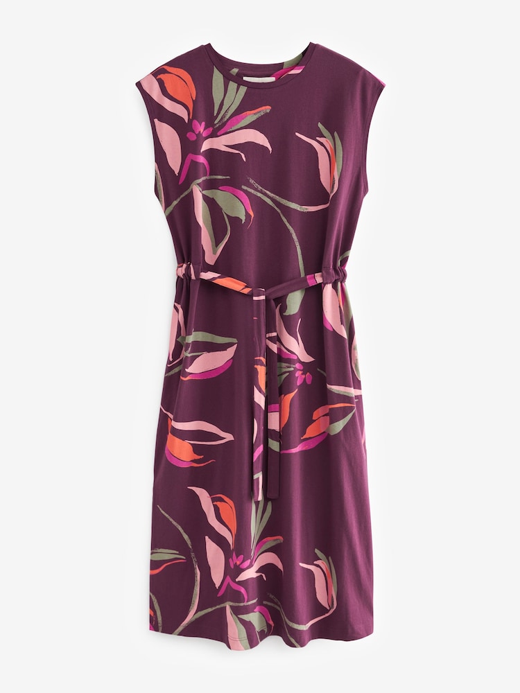 Berry Red Floral Short Sleeve 100% Cotton Belted T-Shirt Midi Summer Dress - Image 6 of 7