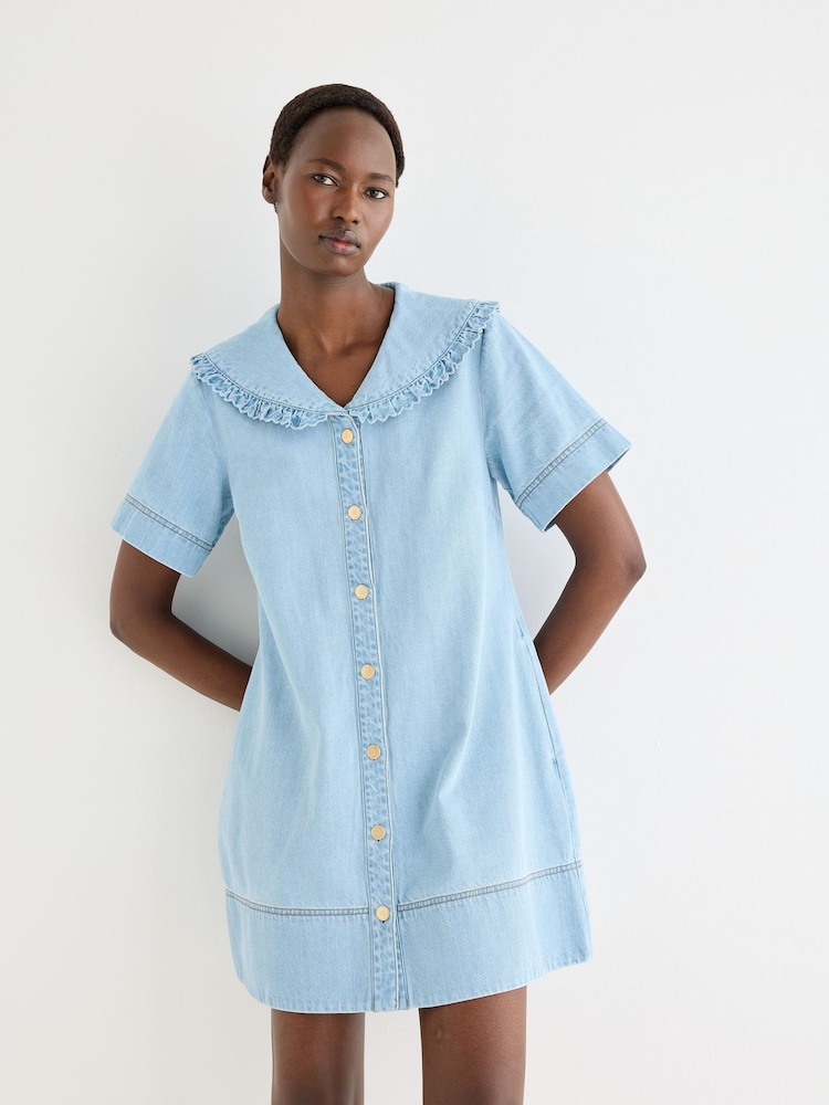 Oliver Bonas Blue Light Frill Sailor Collar Denim Mini Dress - Image 1 of 7