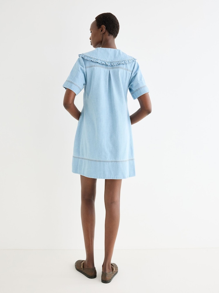 Oliver Bonas Blue Light Frill Sailor Collar Denim Mini Dress - Image 2 of 7