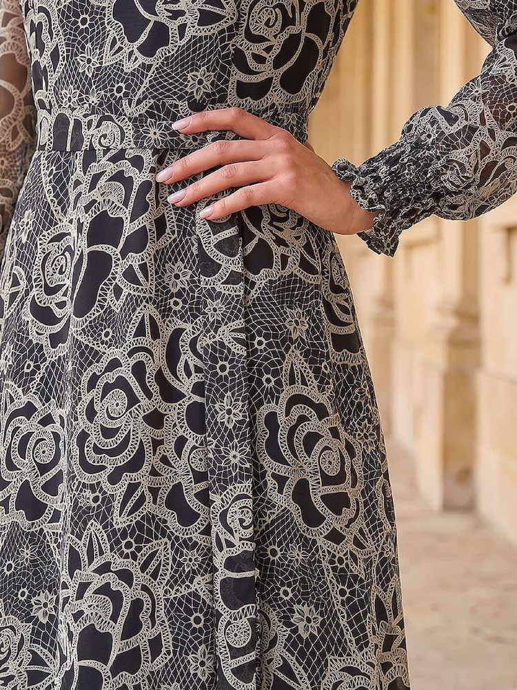 Roman Black Floral Rose Midi Dress - Image 4 of 4