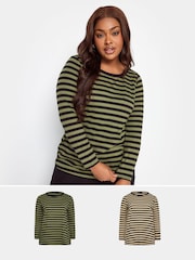 Yours Curve Green 100% Cotton Long Sleeve Stripe T-Shirts 2 Packs - Image 1 of 5