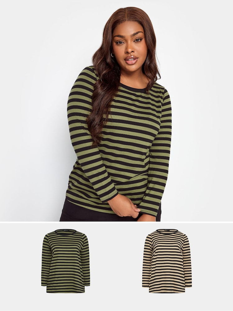 Yours Curve Green 100% Cotton Long Sleeve Stripe T-Shirts 2 Packs - Image 1 of 5