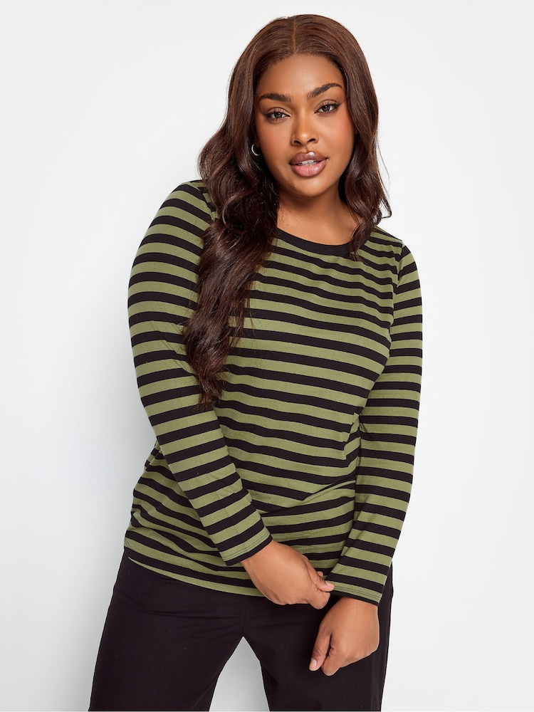 Yours Curve Green 100% Cotton Long Sleeve Stripe T-Shirts 2 Packs - Image 4 of 5