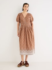 Oliver Bonas Brown Brown Broderie Spots V-Neck Puff Sleeve Midi Dress - Image 1 of 7
