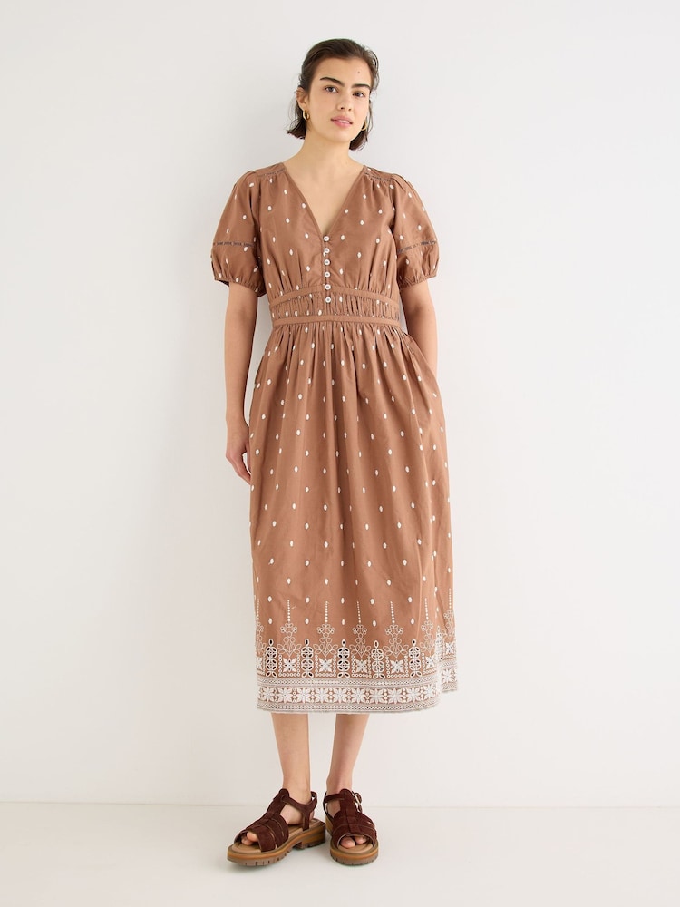 Oliver Bonas Brown Brown Broderie Spots V-Neck Puff Sleeve Midi Dress - Image 1 of 7 Oliver Bonas Brown Brown Broderie Spots V-Neck Puff Sleeve Midi Dress - Image 1 of 7
