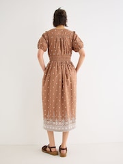 Oliver Bonas Brown Brown Broderie Spots V-Neck Puff Sleeve Midi Dress - Image 2 of 7