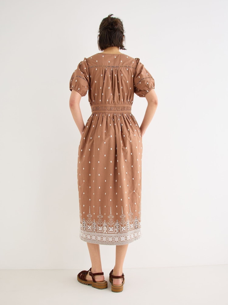 Oliver Bonas Brown Brown Broderie Spots V-Neck Puff Sleeve Midi Dress - Image 2 of 7 Oliver Bonas Brown Brown Broderie Spots V-Neck Puff Sleeve Midi Dress - Image 2 of 7