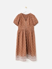 Oliver Bonas Brown Brown Broderie Spots V-Neck Puff Sleeve Midi Dress - Image 3 of 7