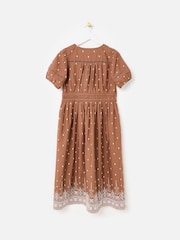 Oliver Bonas Brown Brown Broderie Spots V-Neck Puff Sleeve Midi Dress - Image 4 of 7