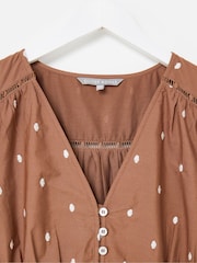Oliver Bonas Brown Brown Broderie Spots V-Neck Puff Sleeve Midi Dress - Image 5 of 7