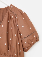 Oliver Bonas Brown Brown Broderie Spots V-Neck Puff Sleeve Midi Dress - Image 6 of 7