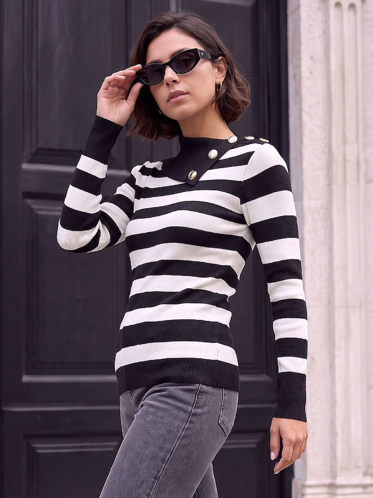 Roman Black Button Stripe Knit Jumper - Image 1 of 4 Roman Black Button Stripe Knit Jumper - Image 1 of 4