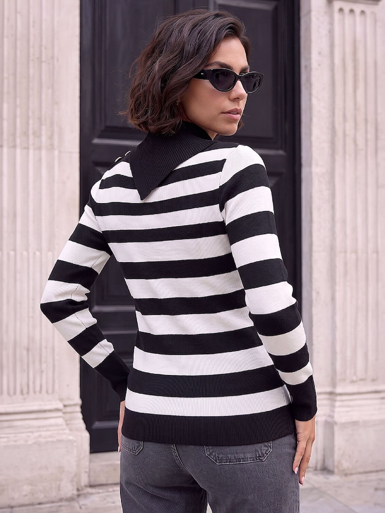 Roman Black Button Stripe Knit Jumper - Image 2 of 4 Roman Black Button Stripe Knit Jumper - Image 2 of 4