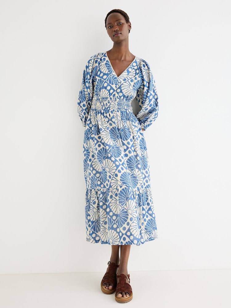 Oliver Bonas White Blue & Cream Sun Print V-Neck Tiered Midi Dress - Image 1 of 8