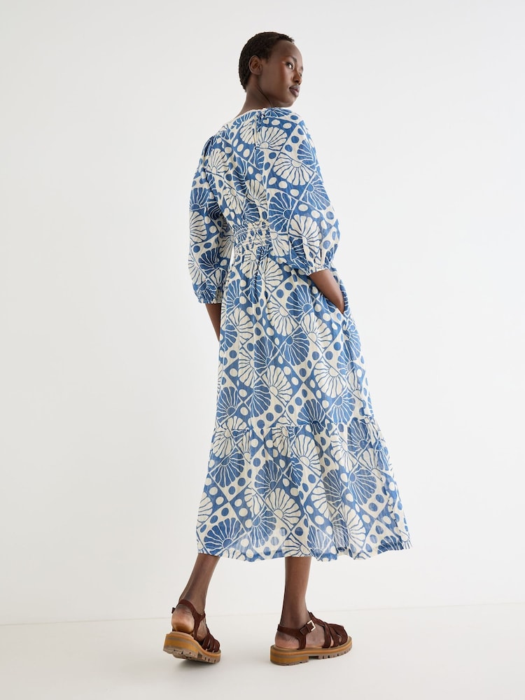 Oliver Bonas White Blue & Cream Sun Print V-Neck Tiered Midi Dress - Image 2 of 8