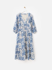 Oliver Bonas White Blue & Cream Sun Print V-Neck Tiered Midi Dress - Image 3 of 8