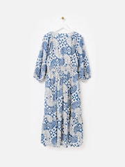 Oliver Bonas White Blue & Cream Sun Print V-Neck Tiered Midi Dress - Image 4 of 8