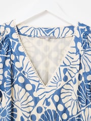 Oliver Bonas White Blue & Cream Sun Print V-Neck Tiered Midi Dress - Image 5 of 8