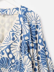 Oliver Bonas White Blue & Cream Sun Print V-Neck Tiered Midi Dress - Image 6 of 8