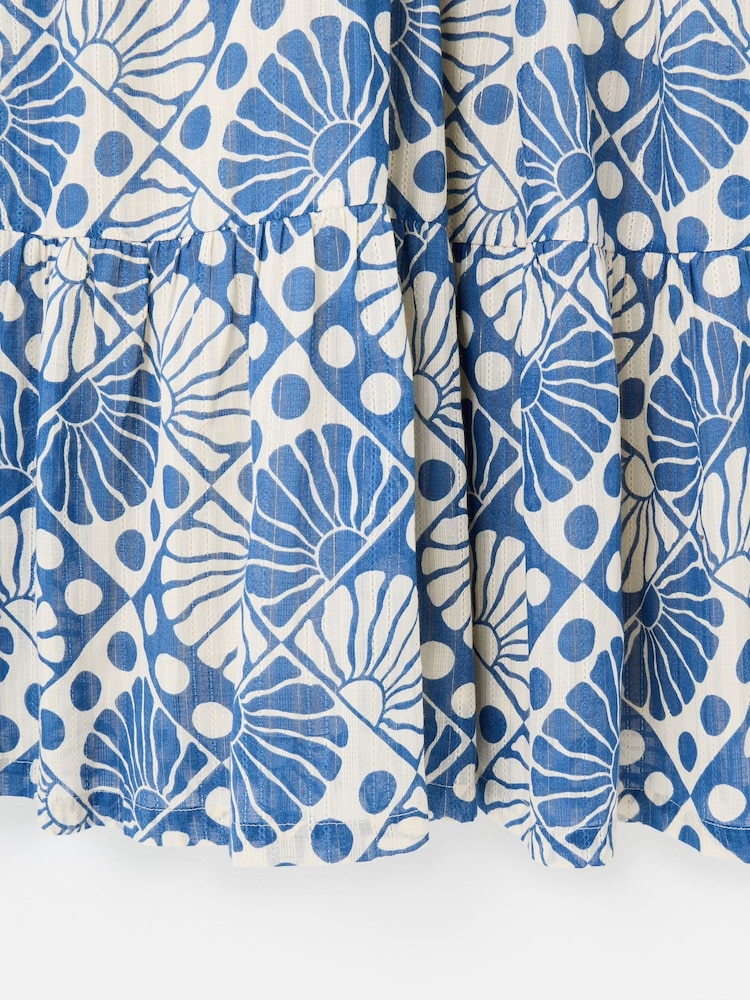 Oliver Bonas White Blue & Cream Sun Print V-Neck Tiered Midi Dress - Image 8 of 8