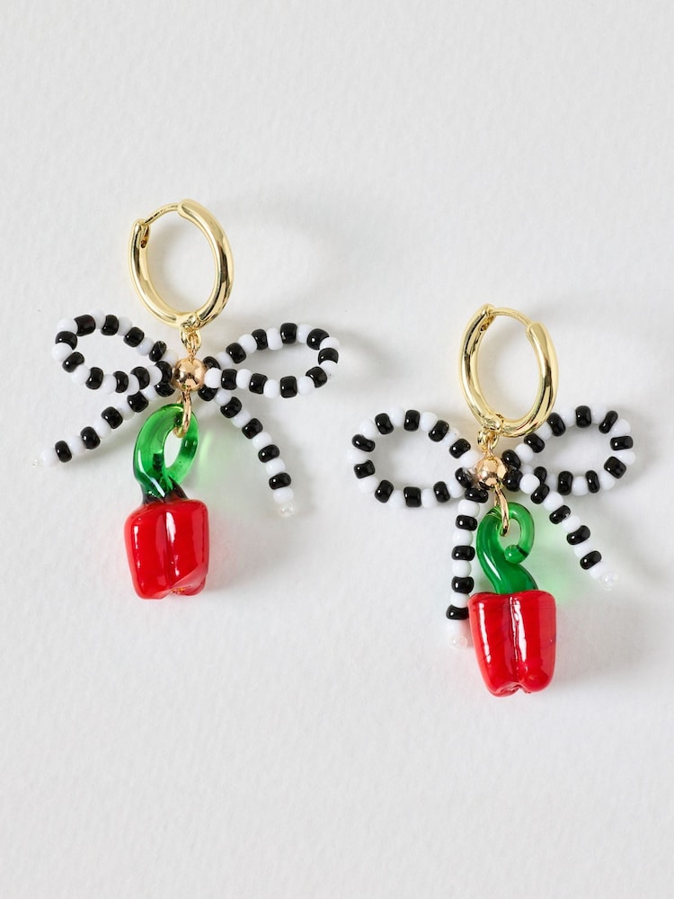 Oliver Bonas Red Azra Bow Chilli Charm Drop Hoop Earrings - Image 1 of 3