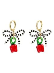 Oliver Bonas Red Azra Bow Chilli Charm Drop Hoop Earrings - Image 2 of 3