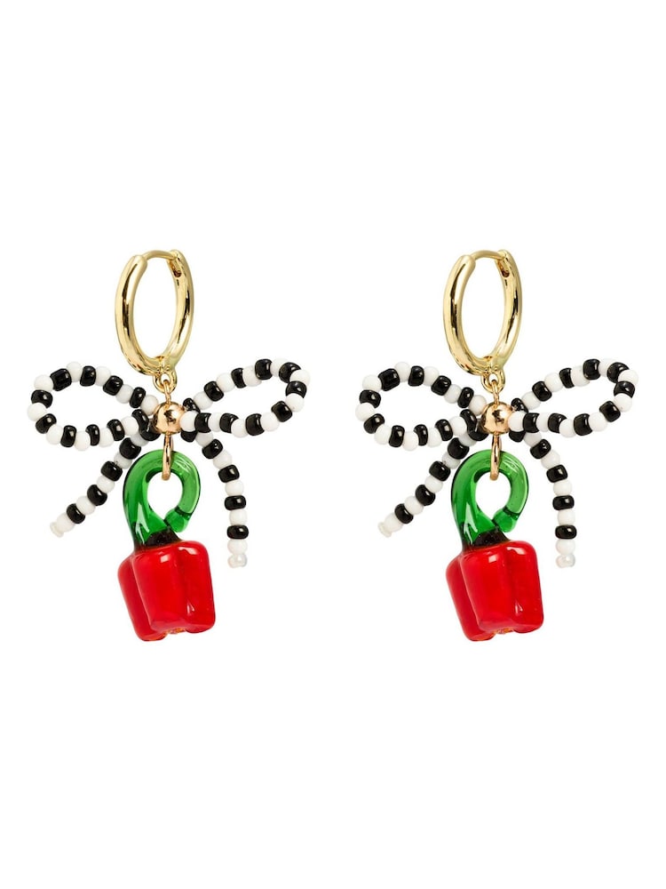 Oliver Bonas Red Azra Bow Chilli Charm Drop Hoop Earrings - Image 2 of 3