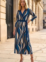 Roman Blue Abstract Wrap Midi Dress - Image 1 of 4