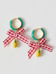 Oliver Bonas Green Janna Gingham Bow And Lemon Charm Drop Hoop Gold Tone Earrings - Image 1 of 5