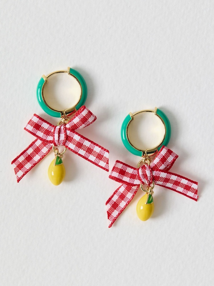Oliver Bonas Green Janna Gingham Bow And Lemon Charm Drop Hoop Gold Tone Earrings - Image 1 of 5 Oliver Bonas Green Janna Gingham Bow And Lemon Charm Drop Hoop Gold Tone Earrings - Image 1 of 5