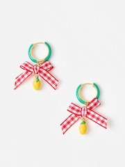 Oliver Bonas Green Janna Gingham Bow And Lemon Charm Drop Hoop Gold Tone Earrings - Image 2 of 5
