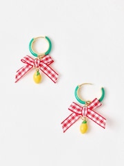 Oliver Bonas Green Janna Gingham Bow And Lemon Charm Drop Hoop Gold Tone Earrings - Image 3 of 5