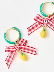 Oliver Bonas Green Janna Gingham Bow And Lemon Charm Drop Hoop Gold Tone Earrings - Image 4 of 5