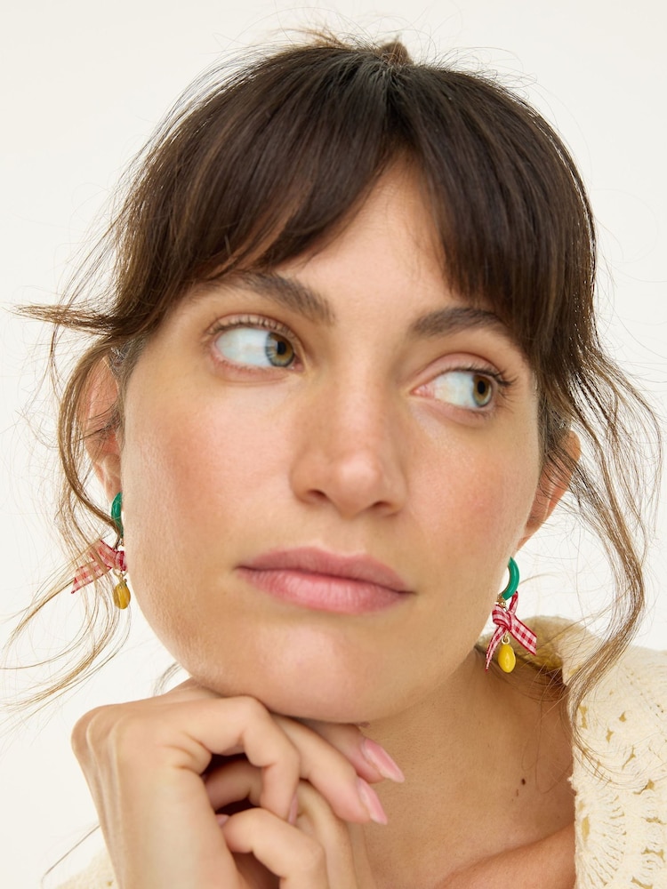 Oliver Bonas Green Janna Gingham Bow And Lemon Charm Drop Hoop Gold Tone Earrings - Image 5 of 5 Oliver Bonas Green Janna Gingham Bow And Lemon Charm Drop Hoop Gold Tone Earrings - Image 5 of 5