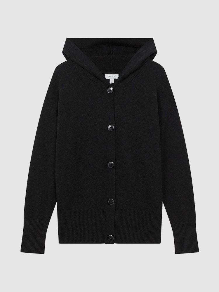 Reiss Black Evie Wool Blend Hooded Cardigan - Image 2 of 6
