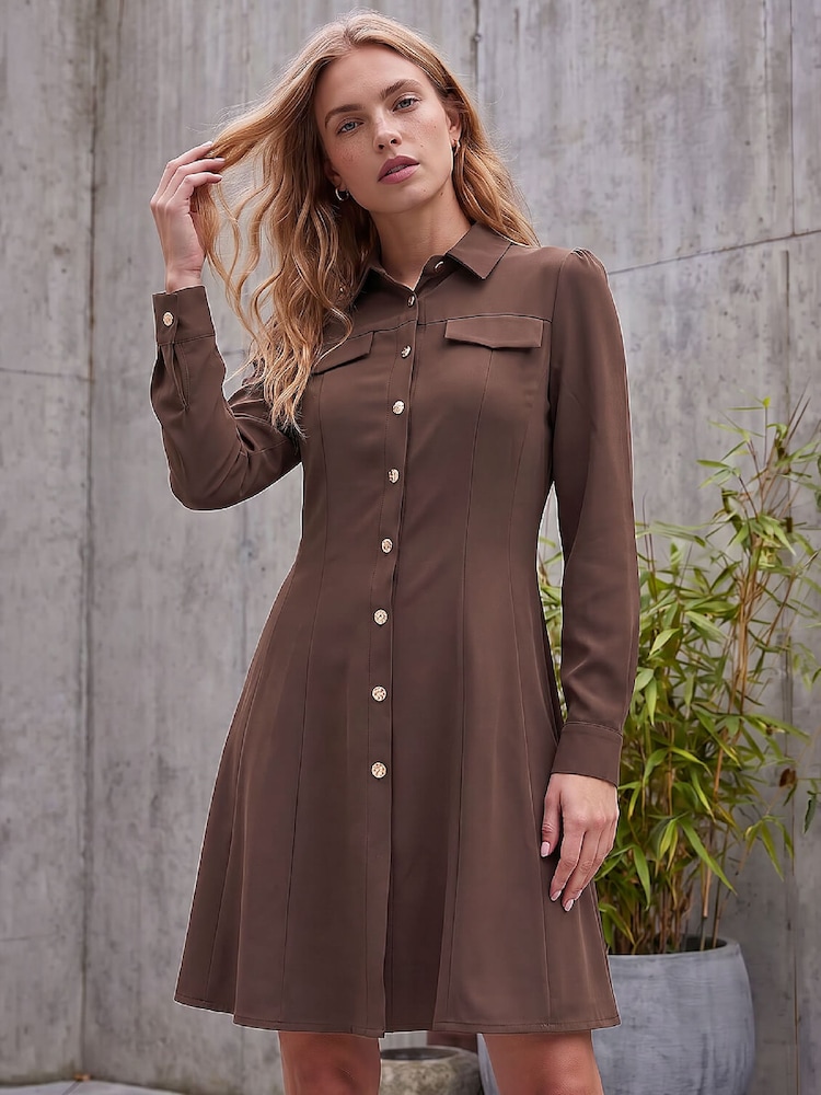 Roman Brown Button Shirt Dress - Image 1 of 4